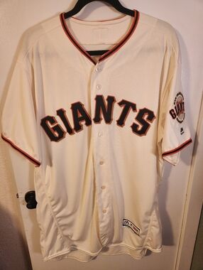 Majestic Cream and Black Giants Button-Up Jersey with Orange Trim Size 48-Large